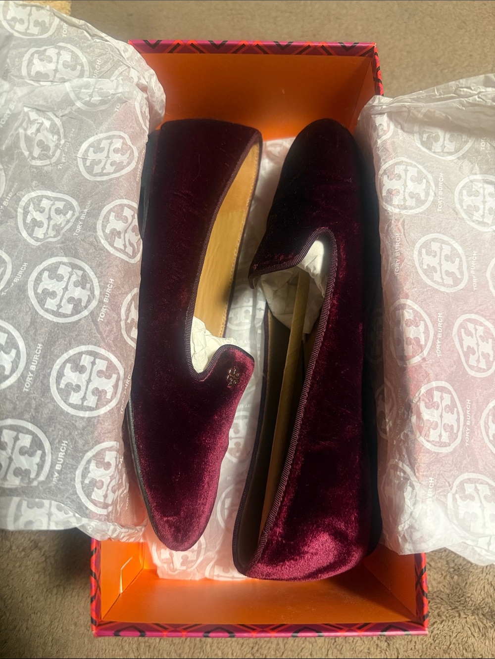 Tory Burch Deep Wine Velvet Slip-On Flats
